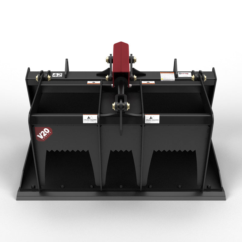 Virnig V20 Mini Skid Steer Scrap Grapple | Models CSG36, CSG42, CSG48 | Widths 36" to 48" | Hydraulic Flow 15–25 GPM | For Mini Skid Steers