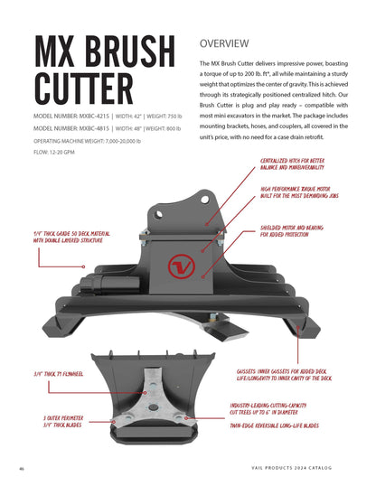 Vail Products Mini Brush Cutters | Models MX 42" and 48" EX 60" and 70" | Cutting Width 42", 48" | Twin-Edge, Reversible Blades | For Mini Excavator