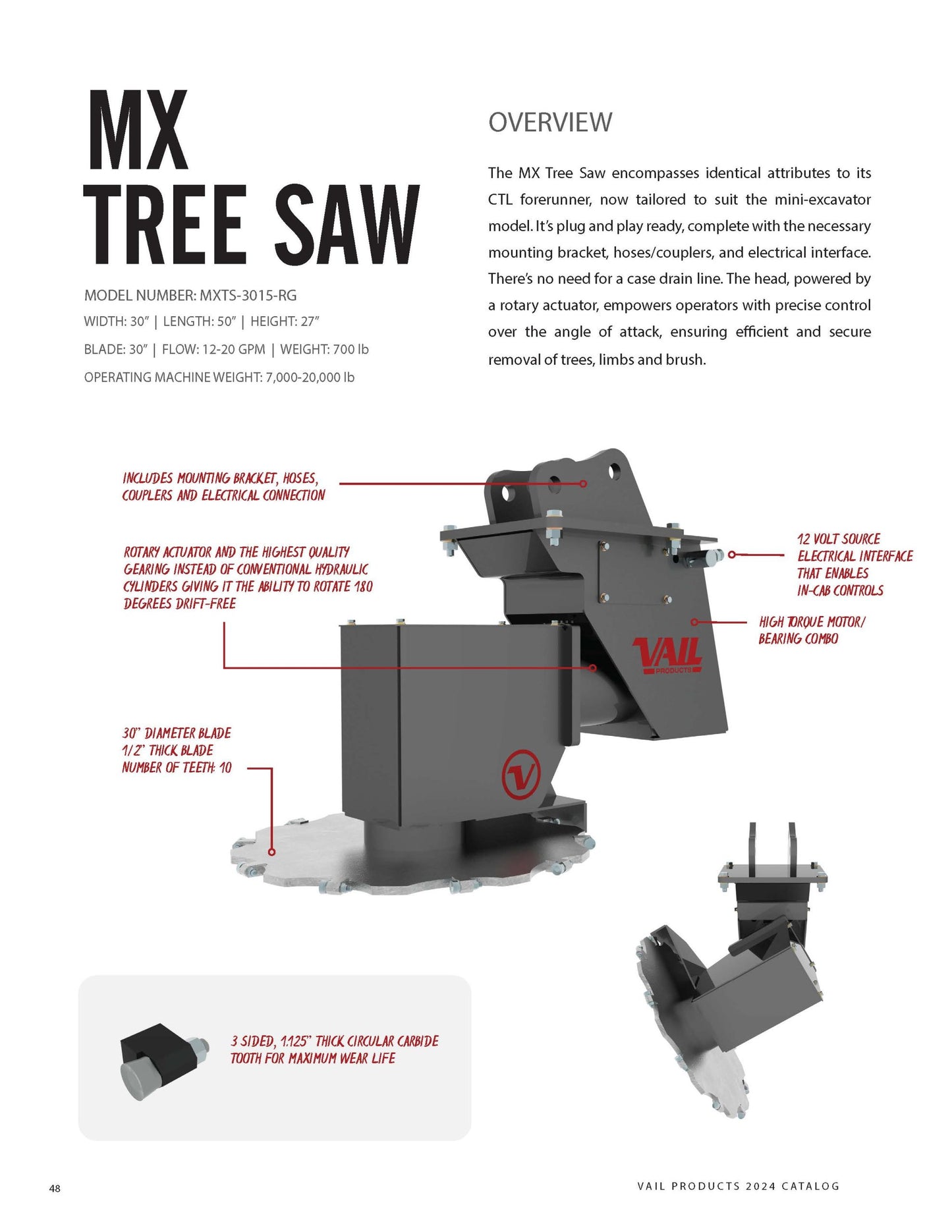 Vail Products Mini X Tree Saw | High-Torque Motor| Cutting Width 30″ Wide | For Mini Excavator