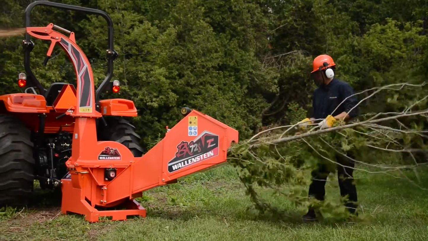 Wallenstein | Wood Chipper | Model BX72R & BX72RI | Rotor Diameter 28" | Chipping Capacity 7" | Horsepower 45-85 HP | For Tractors