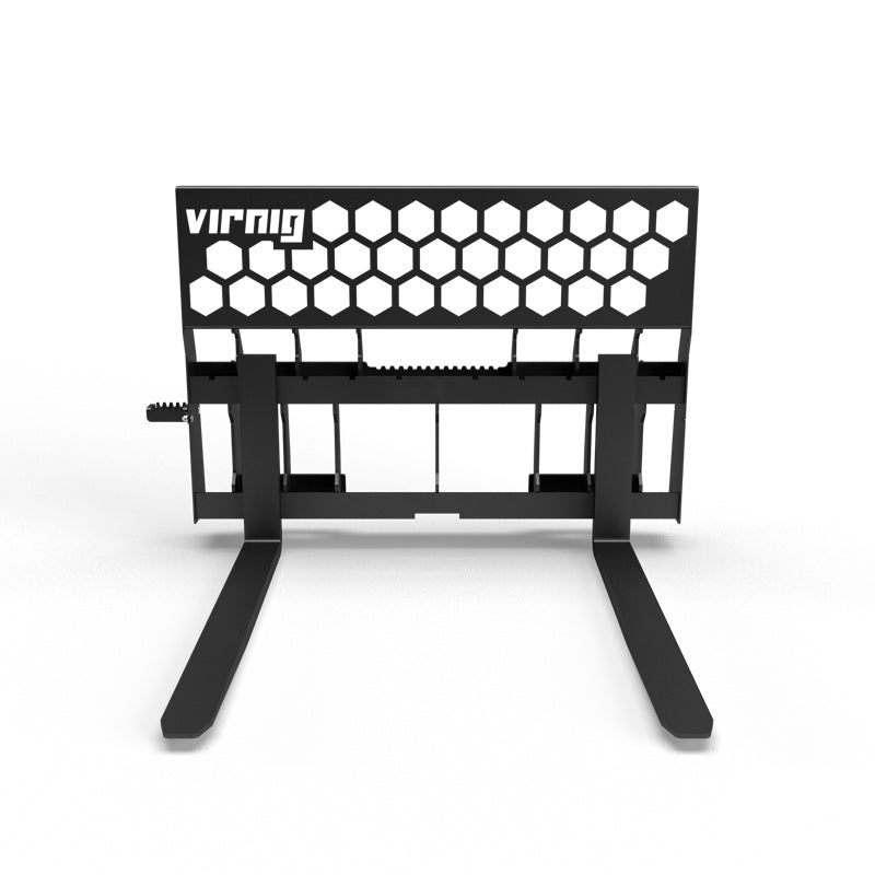 Virnig Wide Rail Pallet Fork: Hex-Guard | Models WPFHG4240 To WPFHG4862 | Tine Length 42" To 72" | Widths 54.5" To 59.5" | Hydraulic Flow 15 To 25 GPM | For Skid Steer
