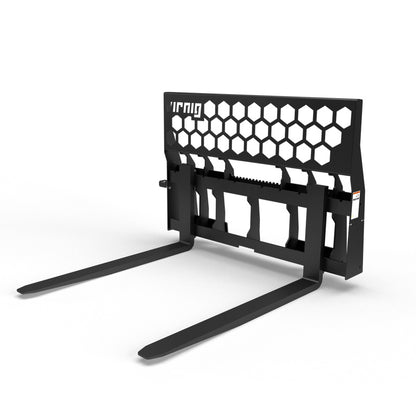 Virnig Wide Rail Pallet Fork: Hex-Guard | Models WPFHG4240 To WPFHG4862 | Tine Length 42" To 72" | Widths 54.5" To 59.5" | Hydraulic Flow 15 To 25 GPM | For Skid Steer