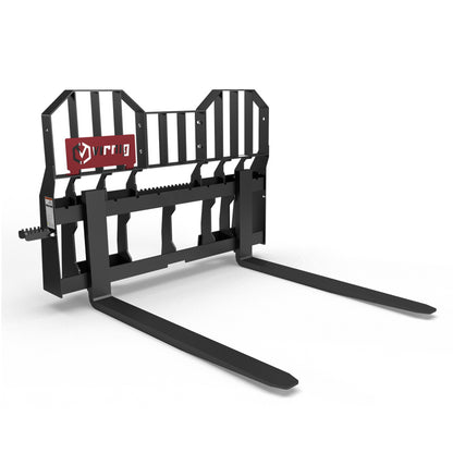 Virnig Wide Rail Pallet Fork: Hi-Vis | Models WPF4240 To WPF4862 | Tine Length 42" To 72" | Widths 54.5" To 59.5" | Hydraulic Flow 15 To 25 GPM | For Skid Steer