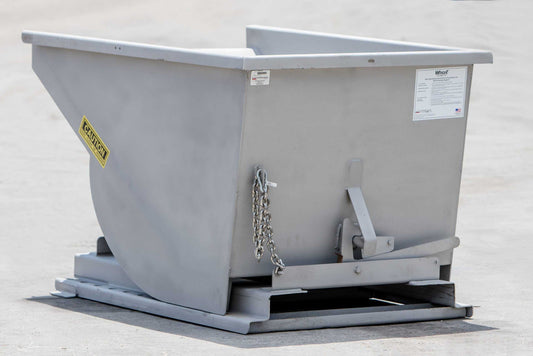 Express Steel | Self-Dumping Hopper | Model Wright Stainless Steel | SKU 5077SS | Capacity 0.5 Yard | Load Rating 4,000 lb | Weight 445 lbs | For Forklifts & Pallet Forks