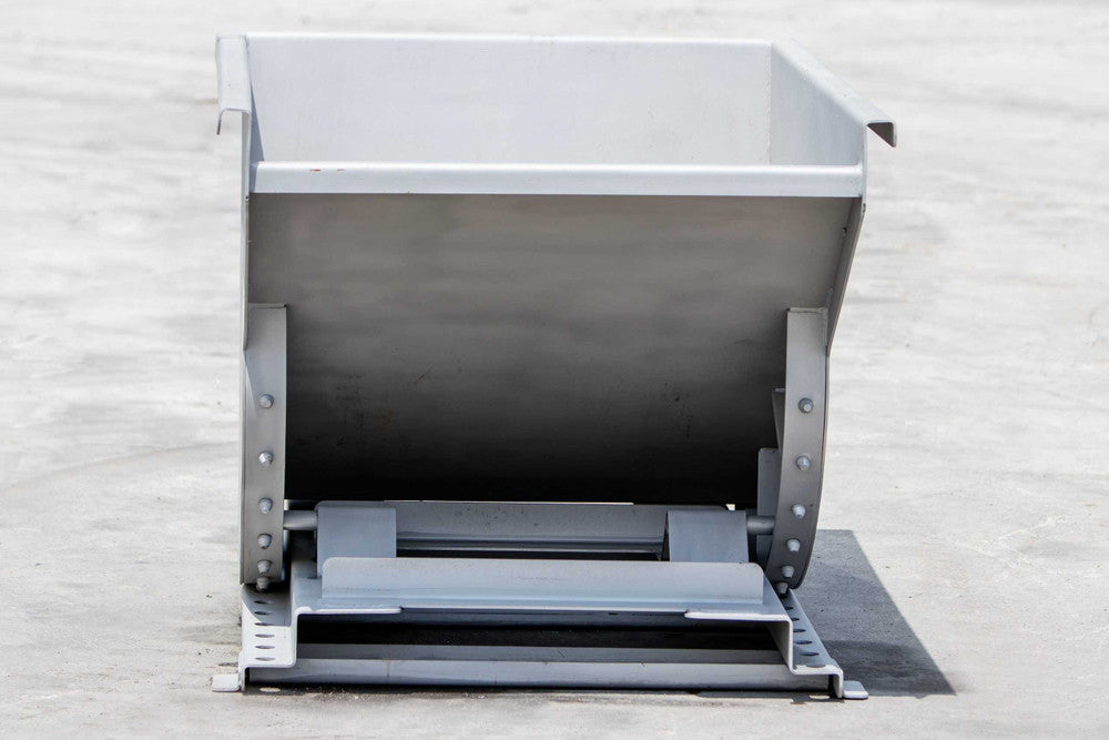 Express Steel | Self-Dumping Hopper | Model Wright Stainless Steel | SKU 5077SS | Capacity 0.5 Yard | Load Rating 4,000 lb | Weight 445 lbs | For Forklifts & Pallet Forks