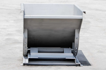 Express Steel | Self-Dumping Hopper | Model Wright Stainless Steel | SKU 5077SS | Capacity 0.5 Yard | Load Rating 4,000 lb | Weight 445 lbs | For Forklifts & Pallet Forks