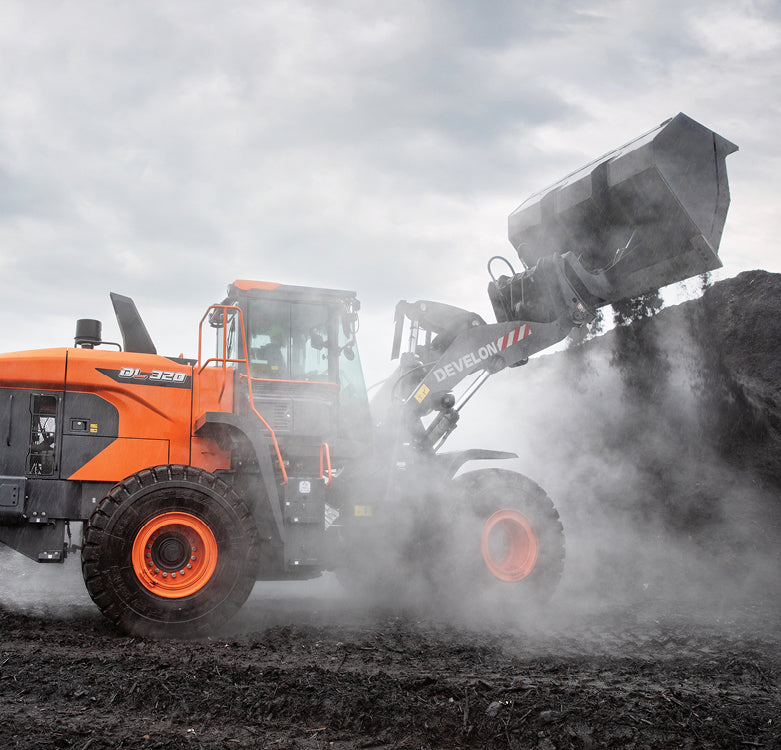 Develon | Wheel Loader | Model DL320-7 | Width 9' 6.9" | Horsepower 270.9 HP | For Construction, Material Handling, & Agriculture