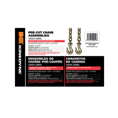 Kinedyne Grade 70 Grab Hook Chain Assembly | Width 5/16" | Length 20' | Working Load Limit 2,135 Kg | 25 Units Per Barrel | For Cargo & Industrial Tie-Down Applications