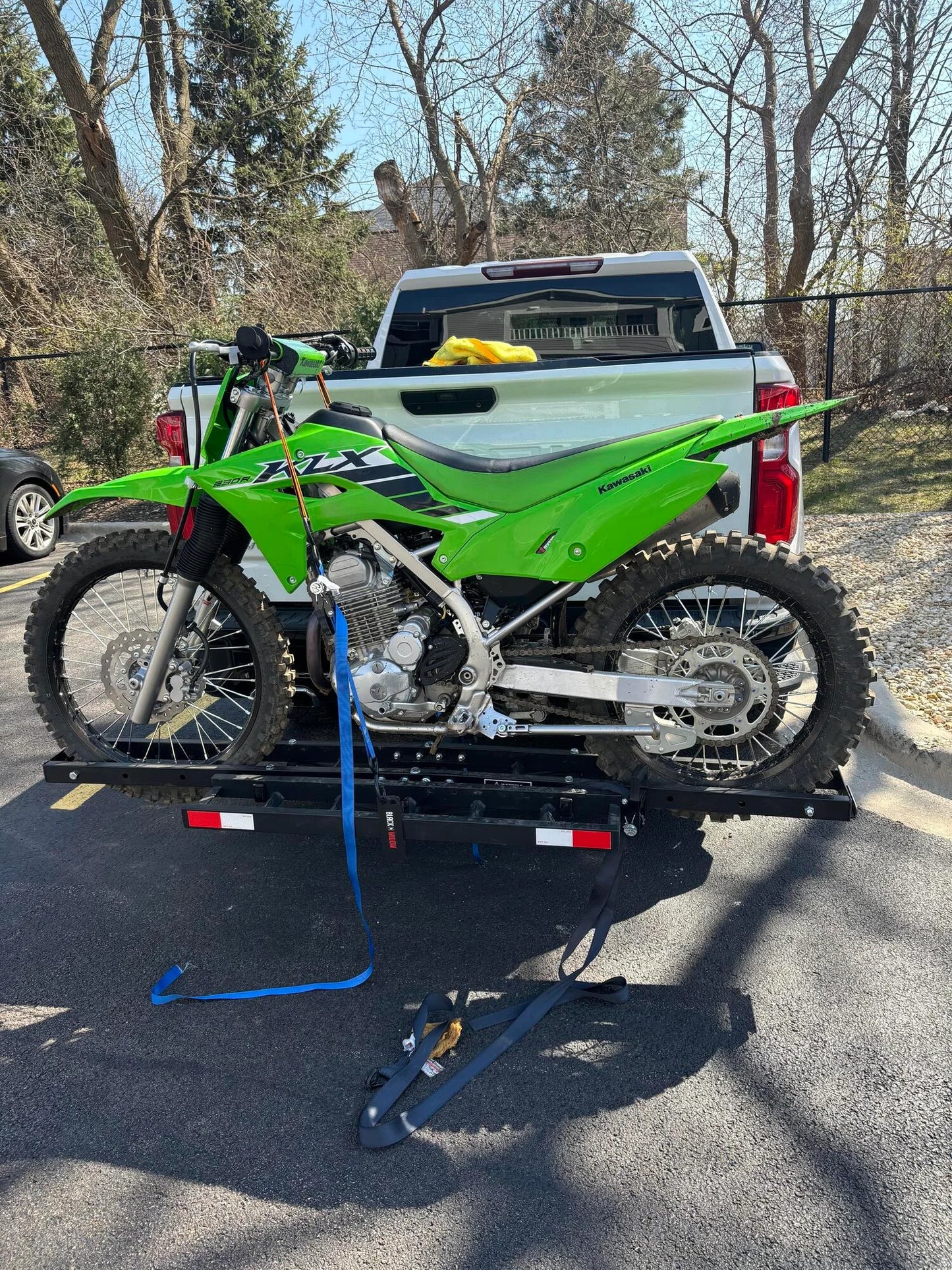 Black Widow Compact Dirt Bike Carrier | Model MCC-300 | Track Size 77" x 7" | Capacity 300 lb | For 2" Class III & IV Hitch Vehicles