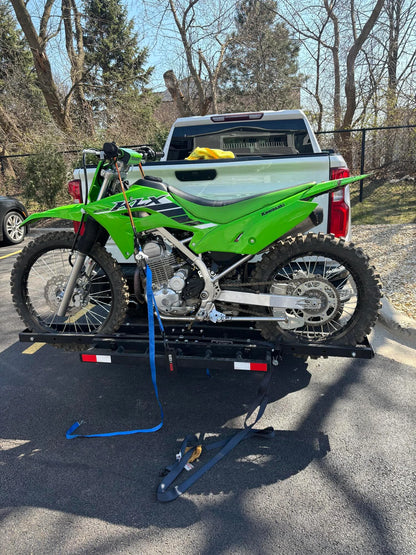 Black Widow Compact Dirt Bike Carrier | Model MCC-300 | Track Size 77" x 7" | Capacity 300 lb | For 2" Class III & IV Hitch Vehicles