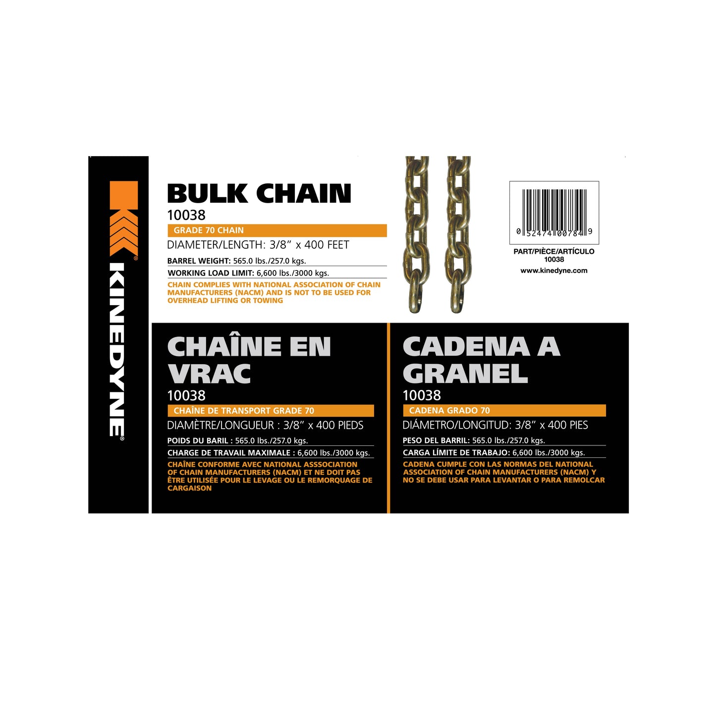 Kinedyne Grade 70 Bulk Chain | Width 3/8" | Length 400' | Working Load Limit 3,000 Kg | For Heavy-Duty Cargo & Industrial Tie-Down Applications