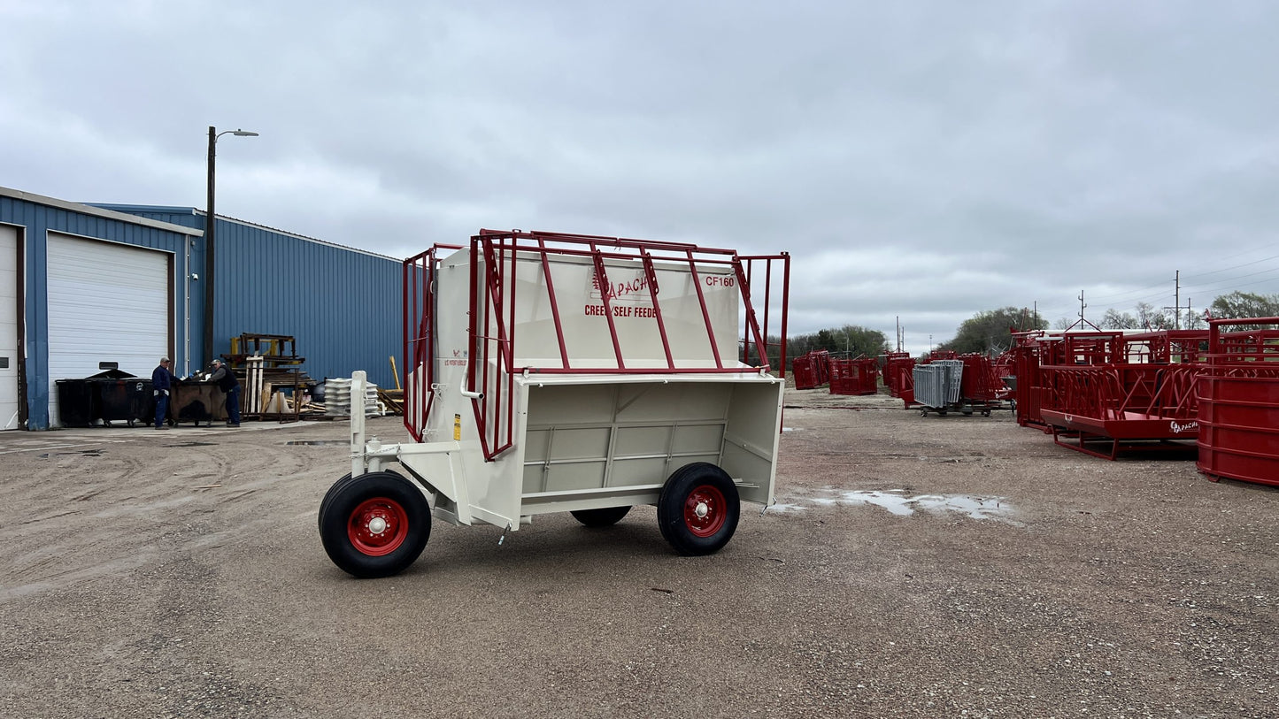 Apache Equipment 160 Creep/Self Feeder | Length 8' | Capacity 160 Bushel | Portable & Skid | Heavy‑Duty Steel & Galvanized Options | For Daily Feeding Pressure
