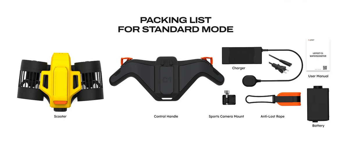 Lefeet Versatile Modular Water Scooter | Model Seagull C1 | Length 15.98" | Thrust 8 kgf | Depth 30m | For Scuba & SUP