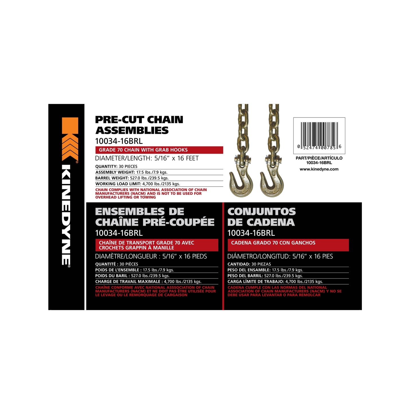 Kinedyne Grade 70 Grab Hook Chain Assembly | Width 5/16" | Length 16' | Working Load Limit 2,135 Kg | 30 Units Per Barrel | For Cargo & Industrial Tie-Down Applications