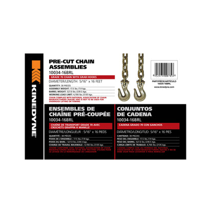 Kinedyne Grade 70 Grab Hook Chain Assembly | Width 5/16" | Length 16' | Working Load Limit 2,135 Kg | 30 Units Per Barrel | For Cargo & Industrial Tie-Down Applications