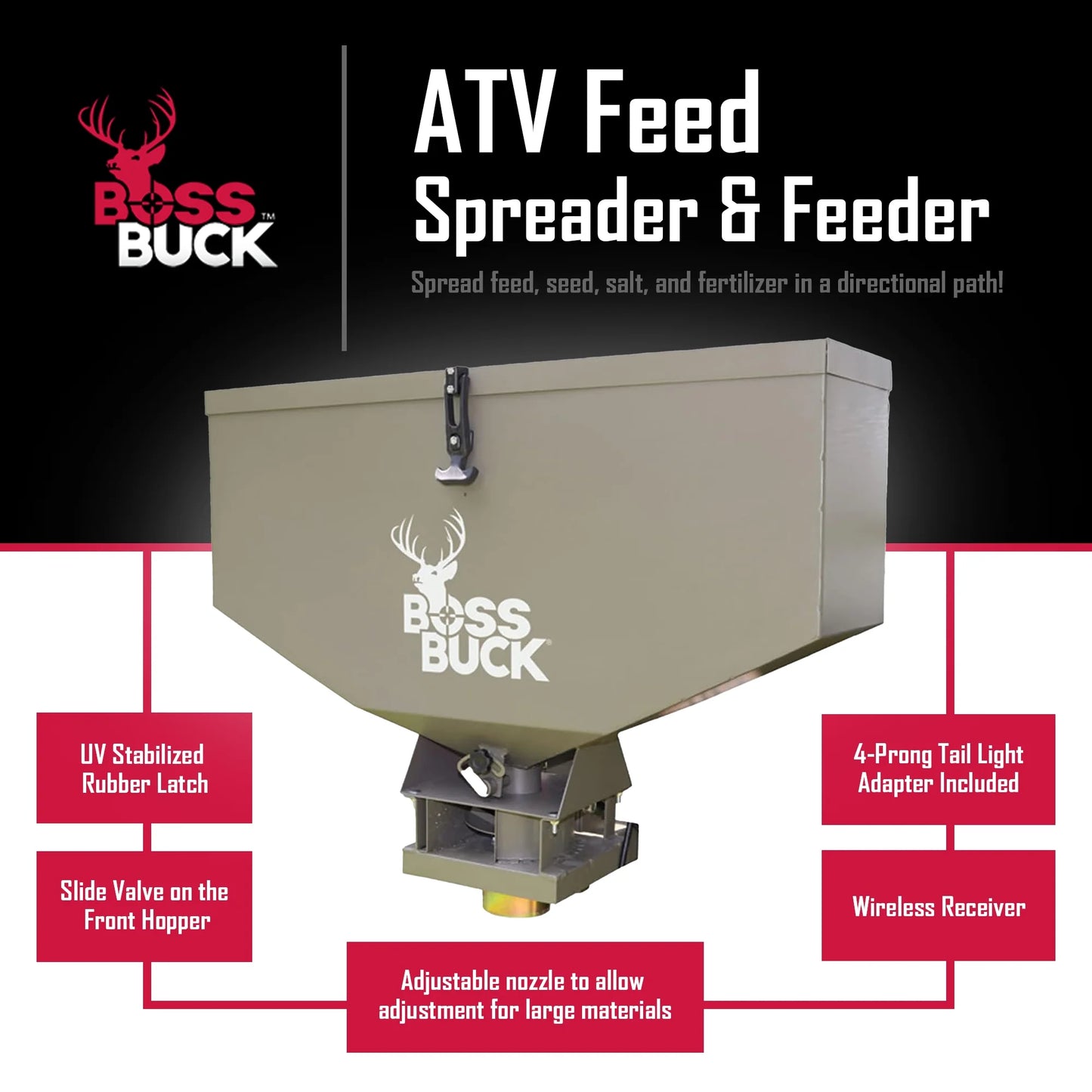 Boss Buck™ | ATV Broadcast Seeder/Spreader | Model BB-1.80 | Capacity 80 lb | 12V Power | Horsepower 15 To 50 HP | For ATV & UTV