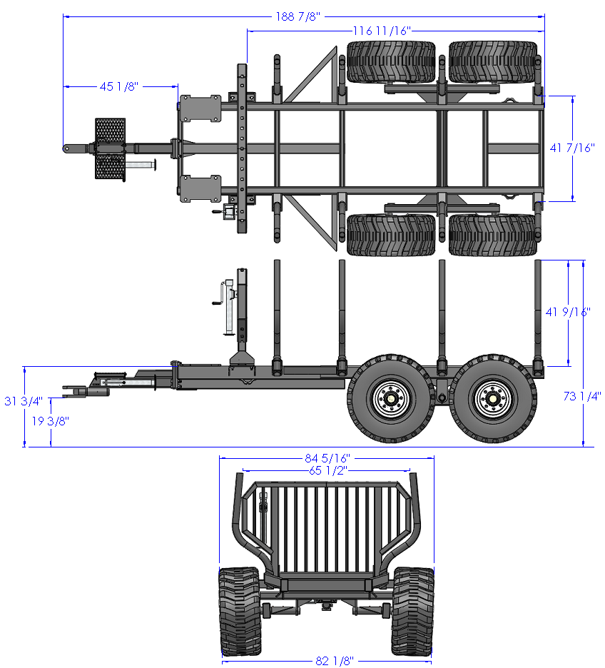 Woody Equipment 10′ Forestry Trailer Model 10-78 HV with Gooseneck Log Loader Model 130-HD / HDT | Pull Type |For Tractors