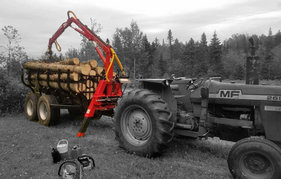 Woody Equipment 10′ Road Trailer Model 10-78 HV-R with Log Loader Model 130 HD & 150 HD | Pull Type | For Small Trucks & Tractor