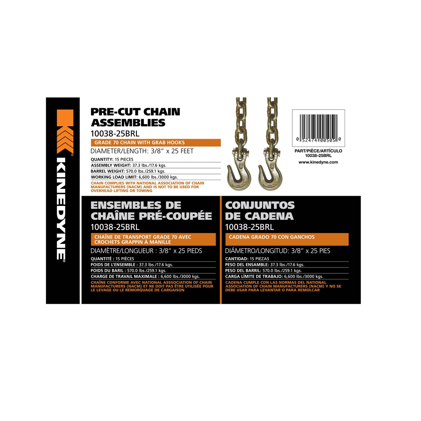 Kinedyne Grade 70 Grab Hook Chain Assembly | Model 10038-25BRL | Width 3/8" | Length 25' | WLL 6,600 lbs | For Heavy-Duty Cargo Securement & Transport Tie-Down