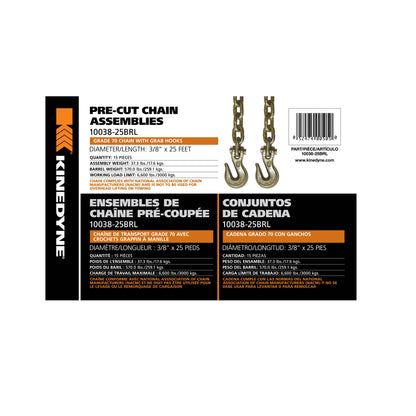 Kinedyne Grade 70 Grab Hook Chain Assembly | Model 10038-25BRL | Width 3/8" | Length 25' | WLL 6,600 lbs | For Heavy-Duty Cargo Securement & Transport Tie-Down