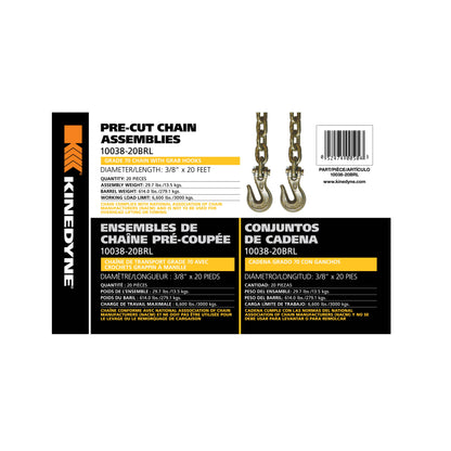 Kinedyne Grade 70 Grab Hook Transport Chain Assembly | Model 10038-20BRL | Width 3/8" | Length 20' | WLL 6,600 lbs | For Heavy-Duty Cargo Control & Flatbed Tie-Down