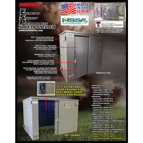Swisher 9-Person ESP Safety Shelter | Model SR84X054G | 87" External Length | EF5 Tornado Protection | Up to 9-Person Capacity | FEMA & NSSA Certified Safe Room