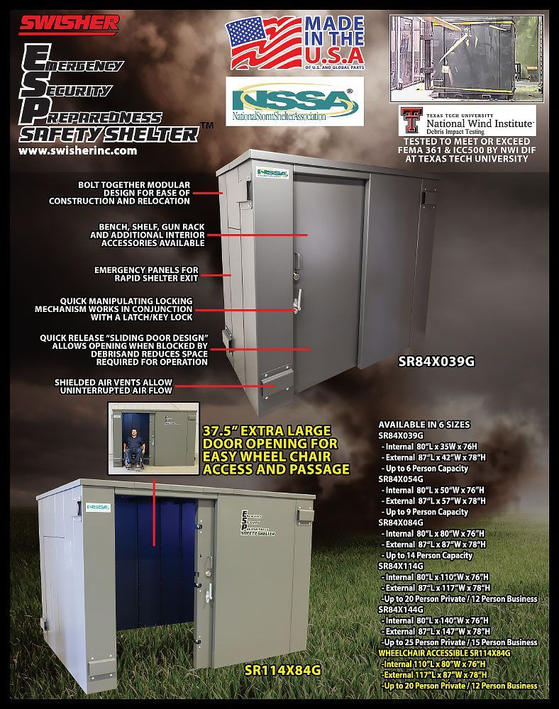 Swisher ESP 20-Person Safety Shelter | Model SR84X114G | 117" External Width | EF5 Tornado Protection | Up to 20-Person Capacity | FEMA & NSSA Certified Safe Room