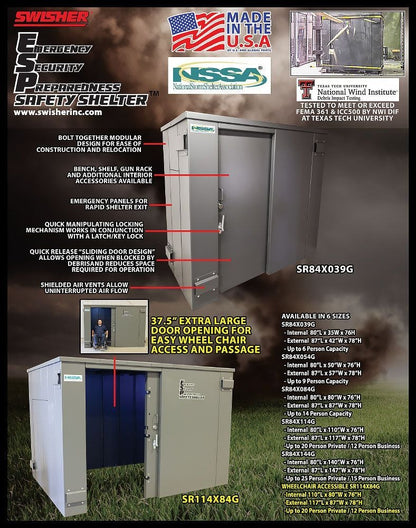 Swisher ESP Wheelchair Accessible Safety Shelter | Model SR114X84G | 117" External Length | EF5 Tornado Protection | Up to 20-Person Capacity | FEMA & NSSA Certified Safe Room