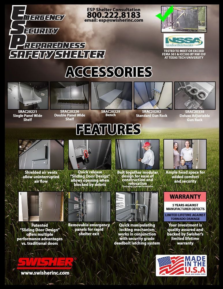 Swisher 9-Person ESP Safety Shelter | Model SR84X054G | 87" External Length | EF5 Tornado Protection | Up to 9-Person Capacity | FEMA & NSSA Certified Safe Room