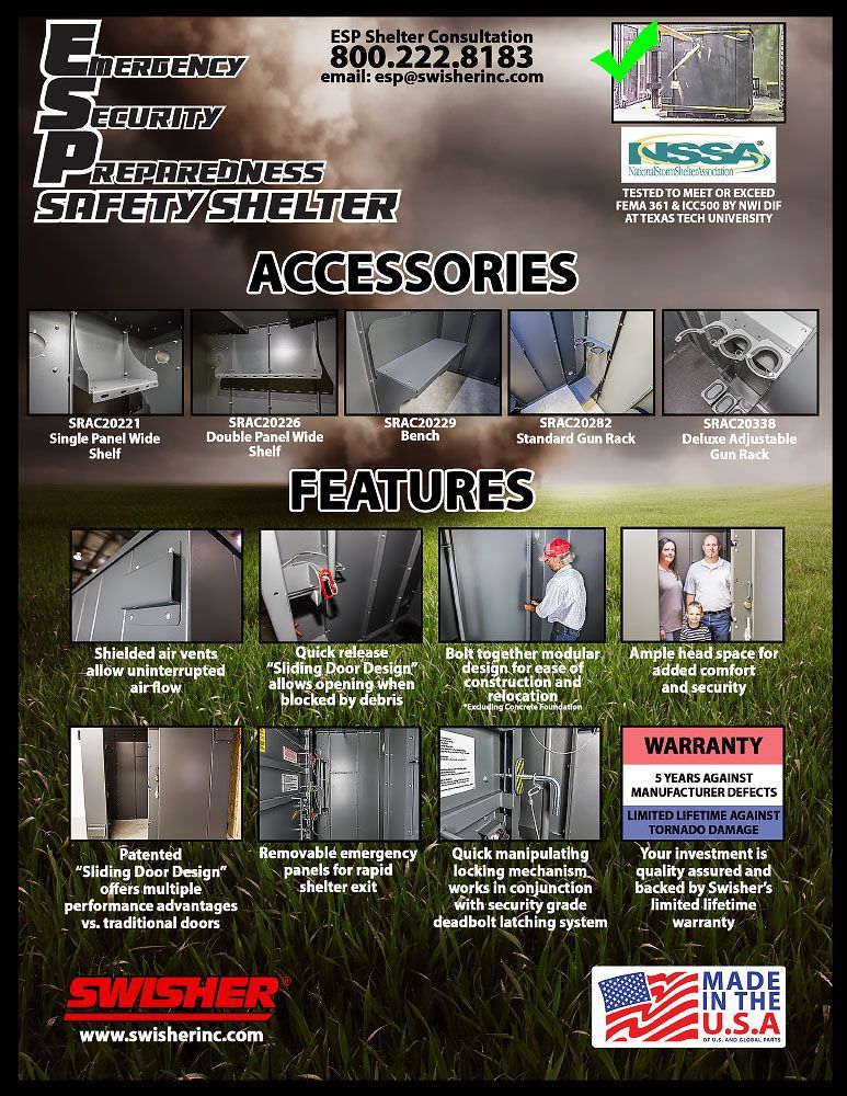 Swisher ESP Wheelchair Accessible Safety Shelter | Model SR114X84G | 117" External Length | EF5 Tornado Protection | Up to 20-Person Capacity | FEMA & NSSA Certified Safe Room