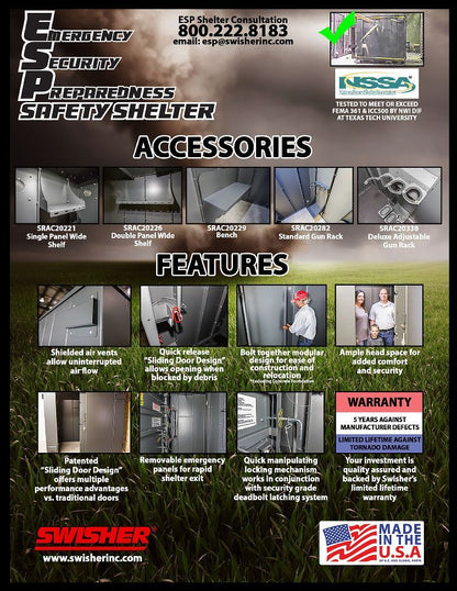 Swisher ESP Wheelchair Accessible Safety Shelter | Model SR114X84G | 117" External Length | EF5 Tornado Protection | Up to 20-Person Capacity | FEMA & NSSA Certified Safe Room