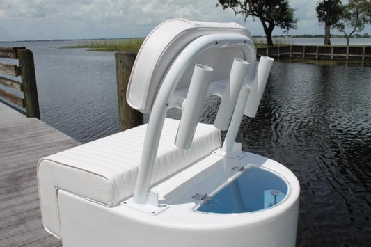RIO MARINE CUSTOMS | Fiberglass Leaning Post with Livewell | Model CMLPLW-BRRH | 31" L x 31" D x 30" H | 40-Gallon Capacity | For 17' to 24' Feet Boats