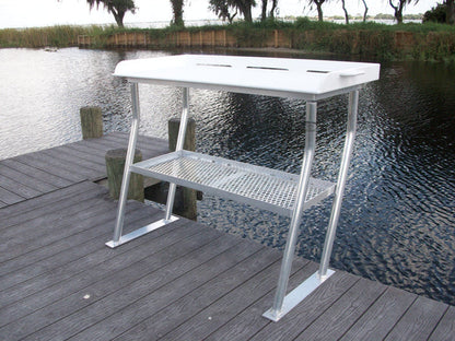 RIO MARINE CUSTOMS | Fish Cleaning Table | Dock Mount with Shelf | Model FCS40-4 | 40" W x 23" D | Starboard Surface | Universal Waterfront Dock