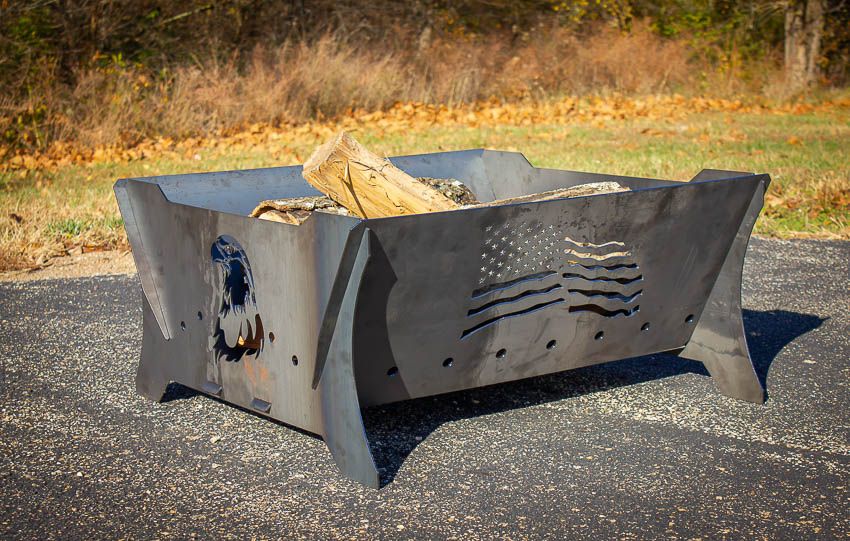 Swisher Eagle & Flag Fire Pit and Firewood Utility Cart | Fire Pit 32" L x 30" W x 15" H | Firewood Cart 24" W x 26" L x 39" H | Heavy Duty Steel | 200 lb Capacity
