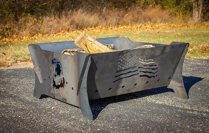 Swisher Eagle & Flag Fire Pit and Firewood Utility Cart | Fire Pit 32" L x 30" W x 15" H | Firewood Cart 24" W x 26" L x 39" H | Heavy Duty Steel | 200 lb Capacity