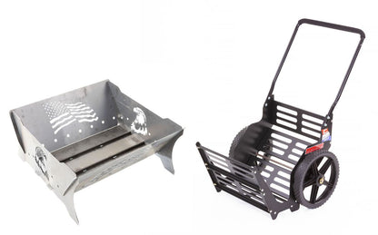 Swisher Eagle & Flag Fire Pit and Firewood Utility Cart | Fire Pit 32" L x 30" W x 15" H | Firewood Cart 24" W x 26" L x 39" H | Heavy Duty Steel | 200 lb Capacity