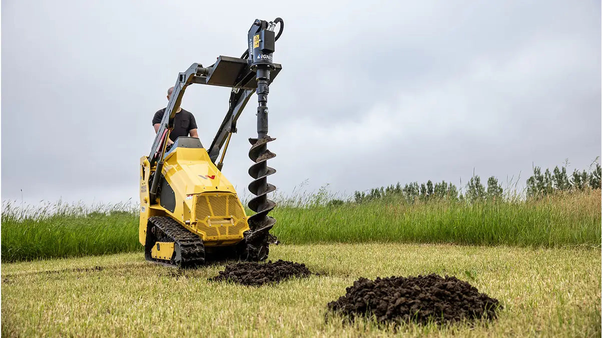 Ignite Attachments Mini Auger | Model 100PH | Overall Width 25" | Max Auger Bit Diameter 24" | Hydraulic Flow 15 GPM | For Mini Skid Steers