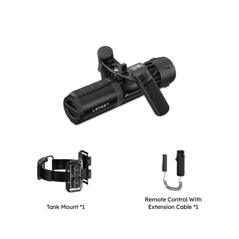 Lefeet Underwater Scooter | Model P1 Standard & P1 XR | Length 9.72"–15.79" | Width 12.40" | Height 5.12" | 9 & 13 kgf Thrust | 60m Depth | 60–90 Min Runtime | For Scuba, Freediving & SUP