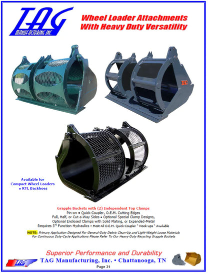 TAG Debris & Brush Grapple Bucket | Width 72"-120" | Capacity 1.00–8.00 yd | Machine Size 6-40 Tons | For Wheel Loaders