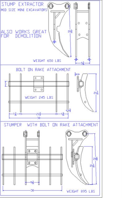 IS ATTACHMENT AR400 STEEL TREE STUMPER AND RAKE FOR 650 LBS SMALL/MINI EXCAVATOR