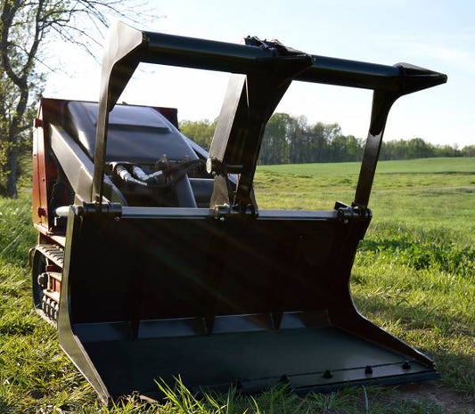 Loflin Fabrication | Grapple Bucket | Single Tine | 36"–50" Width | 2" x 10" Hydraulic Cylinder | Hydraulic Flow 14-43 GPM | Horsepower 18-35 HP | For Mini Skid Steer &  Tractor
