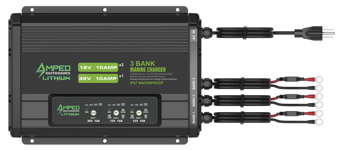 Amped Outdoors 3-Bank Marine Charger with M8 Ring | Model AO-0329M | 36V LiFePO4 Battery