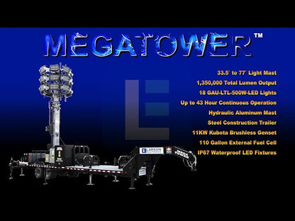 Larson Electronics 77' Hydraulic Megatower™ Light Plant - 33' Trailer - (20) 500W LED Fixtures - 20KW Genset w/ 110 Gal