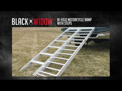 Black Widow Motorcycle Loading Ramp with Steps | Model MC-STEPRAMP-1737 | Width 6' 10.25" Bi-Fold | Ramp Capacity 750 lb. | Step Capacity 400 lb. | For Truck & Trailer