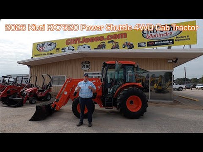KIOTI Premium Cab Tractor | Model RX7320 PCC | Width 77.2 in (1,960 mm) | 3‑point Cat 2 + rear PTO 540 | Horsepower 73 HP | For Tractor | For turf management, parks, municipalities, estates, sports field