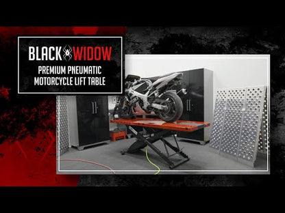 Black Widow Extra-Long Pneumatic Motorcycle Lift Table | Model BW-9030-KIT | Platform Size 90" x 30" | Capacity 1,200 lb | For Street, Touring & Cruiser Bikes