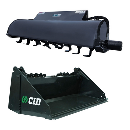 CID HEAVY DUTY 4 -IN-1 BUCKET & X-TREME ROTARY TILLER ATTACHMENT FOR SKID STEER
