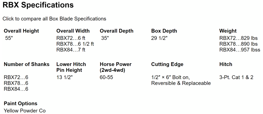 Dirt Dog Retractable Box Blade | Model RBX72-78-84 | 72", 78" and 84" Overall Width | 55-60HP | For Tractor