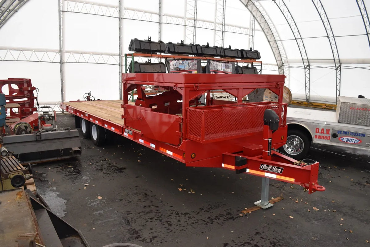 EZ Spot UR Attachment Trailer With Rack | Model EZ-TRL001 | 28' x 8'6" Deck | 25,000 lbs GVWR | 20–30 GPM | 3–5 Tons | For Skid Steer, Compact Track Loaders, Wheel Loaders, Excavators, Mini Excavators, Telehandlers & Backhoes