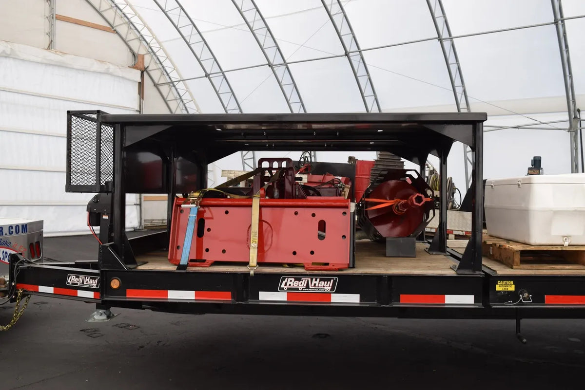 EZ Spot UR Attachment Trailer With Rack | Model EZ-TRL001 | 28' x 8'6" Deck | 25,000 lbs GVWR | 20–30 GPM | 3–5 Tons | For Skid Steer, Compact Track Loaders, Wheel Loaders, Excavators, Mini Excavators, Telehandlers & Backhoes